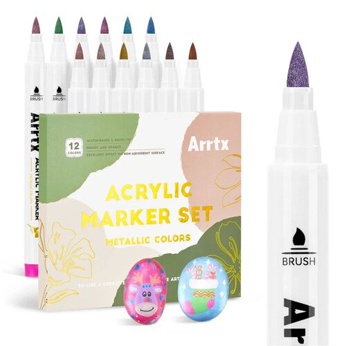 Arrtx 12 Metallic Colors Acrylic Marker, Brush Acrylic Pens