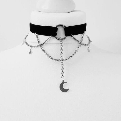 Goth Dainty Chain Crescent Moon and Stars Choker Witch Neckl