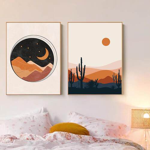 Abstract Vintage Poster Sun and Moon Canvas Painting Rainbow