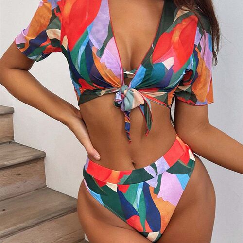 S - XXL Colorful Print High Waist Bikini Female Swimsuit Wom