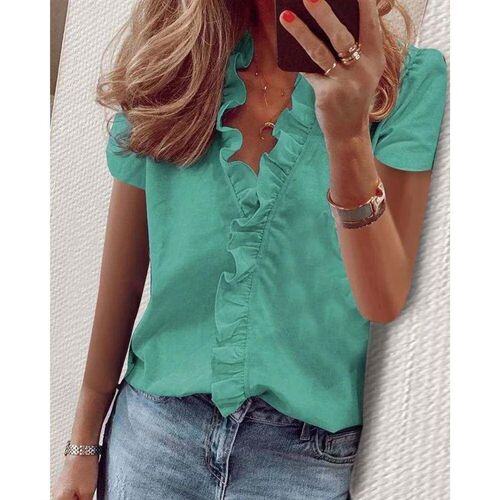 Plus size summer new shirt fashion casual short sleeved V-ne