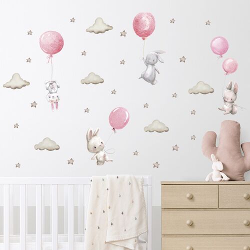 Cartoon Pink Baby Elephant Wall Stickers Hot Air Balloon Wal