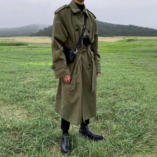 MYQ Autumn Mens tench Coat Mid-length Over-knee Loose Hands
