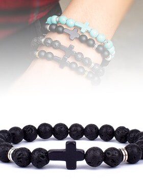 Charm Natural Stone Cross Bracelet faith Black Matte lucky