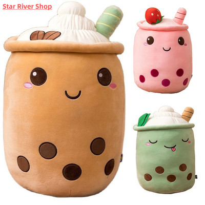 Cute Boba Milk Tea Plushie Toy Soft Stuffed Apple Pink Straw