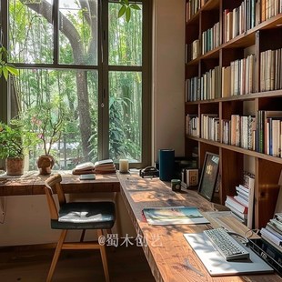 蜀木创艺复古窗台转角连体书桌书架台连体书架定制全实木书房书桌