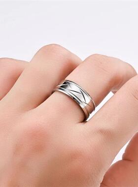 Mens Silver Color Black Stainless Steel Ring Groove