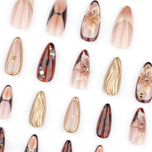 24Pcs Gold Ripple Brown Flowers False Nails with Rhinestones