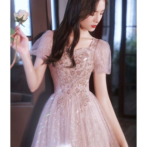 Pink Womens Prom Dress Beading Sequins Puff Sleeve Slim A-L