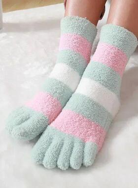 Womens Thick Five Finger Socks Winter Warm Coral Fleece Flu