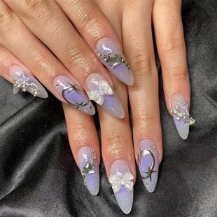 24pcs Wearable Short Round Head False Nails Sparkling French