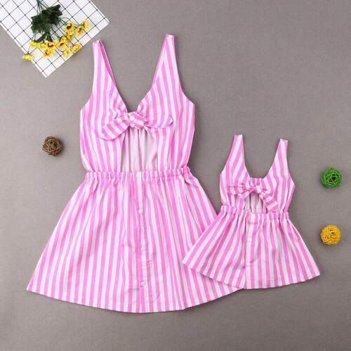Mother&Daughter Dress Mom Girl Sleeveless Stripe Bow Dresses