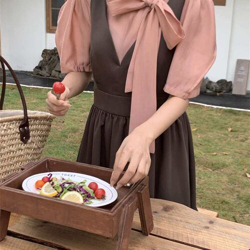 Stylish Strap Short-sleeved Shirt + V-neck Loose All-match S