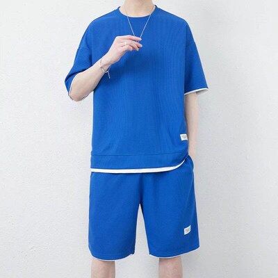 Waffles casual suit mens summer ice silk short sleeve t-shi