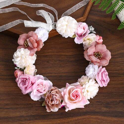 Flower Crown Wreath Bride Headpiece with Ribbon Handmade Hea