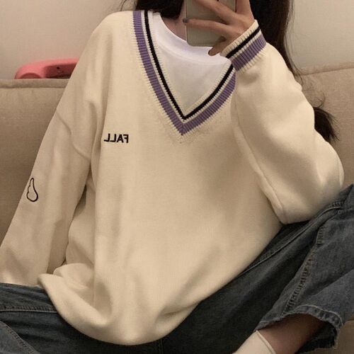 Sweaters Women Ulzzang Letter Chic Vintage V-neck Daily Over