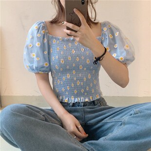New Fashion Women Daisy Embroidery Blouse Mesh Puff Sleeve O