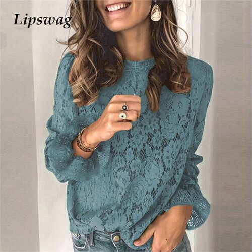 Spring Summer O-Neck Floral Lace Shirt Female Elegant Flare