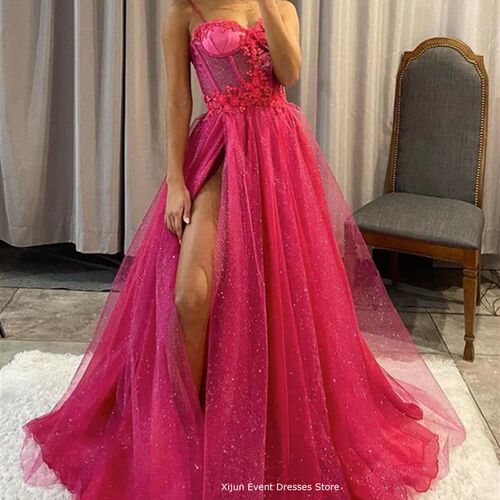 Xijun Sparkly Hot Pink Evening Dresses Lace Spaghetti Strap