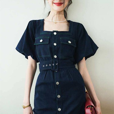 Frenh Style Elegant Platyodon elebrity Denim Dress Puff Slee