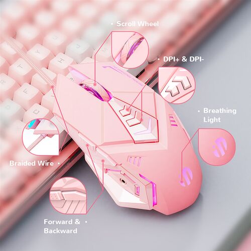 Pink Gaming Mouse RGB Backlight USB Optical Wired Mouse 4 Le