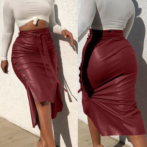 Women ndy PU Leather Midi Skirt Solid Color High Waist Lace-