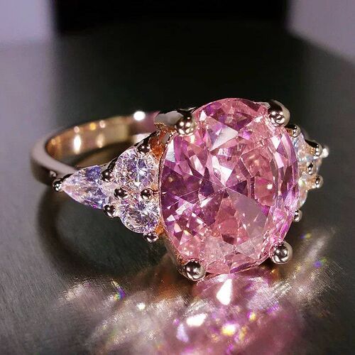 Big Oval Stone Pink Zircon Ring Female Luxury Crystal Engage