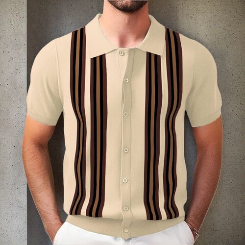 Mens Green Stripe Short-sleeved Slim-fit Business Sweater T