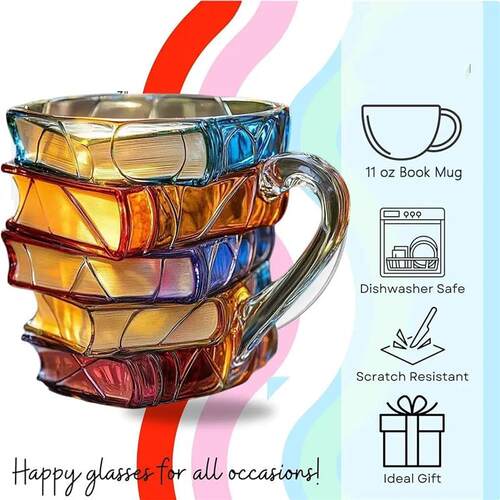Painted Book Mug, 3D Colored Glass Book Coffee Mug, Novelty
