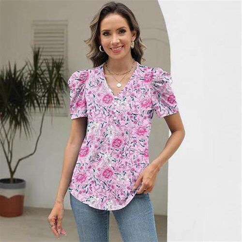 Ladies floral decoration short sleeved top womens