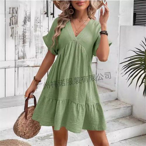 Independent 2025 Solid lor V-neck Loose Pleated Dress Women