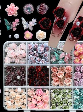 12Grids 3D Gradient Resin Rose Flower Nail Art Charms Colorf