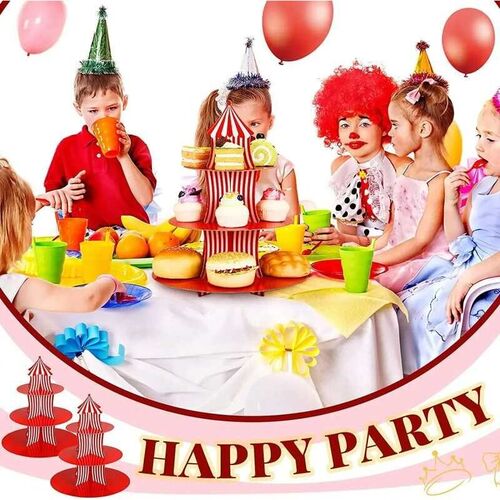 1Set 3 Tier Circus Carnival Paper Cupcake Stand Red Striped