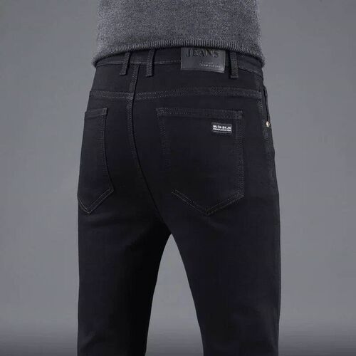 Spring Autumn New Mens Pure Black Slim Jeans Elastic Straig