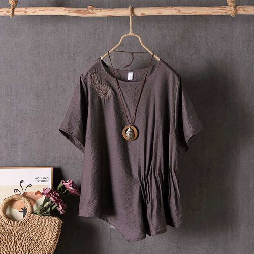 Short-sleeved Shirt Womens Summer New Ice Silk Cotton Linen