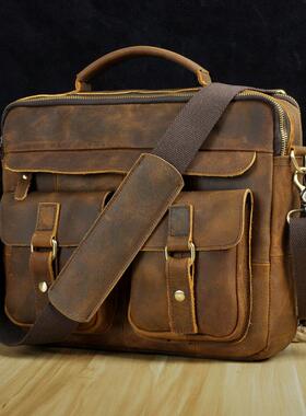 Leaokuu Men Real Leather Antique Style Coffee Briefcase Bus