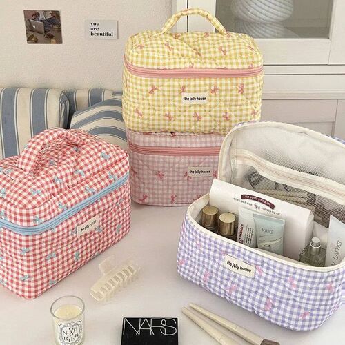 Cute Bow Cotton Makeup Bag Women Zipper Cosmetic Organizer F