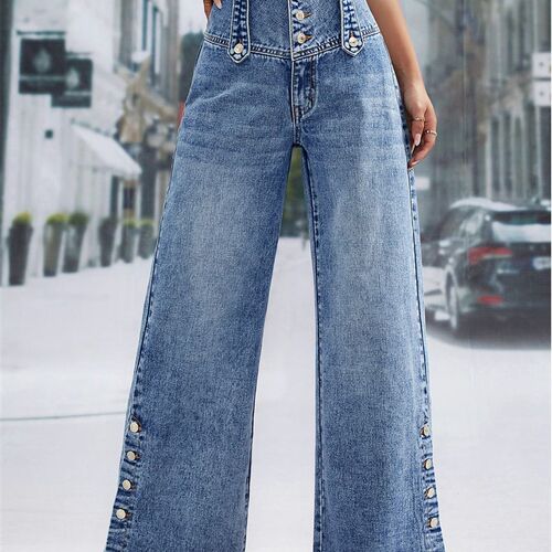 High Waist Wide Leg Jeans Women Fashion High Waist Button Wi