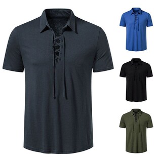 Mens Henley Collar Tie Casual Beach Short Sleeve TShirt Euro