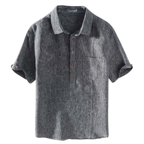 Spring and summer new mens square collar yarn-dyed linen sh