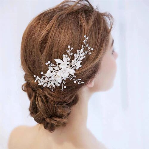 Silver Color Flower Hair Comb Clip Girls Handmade Alloy Pear