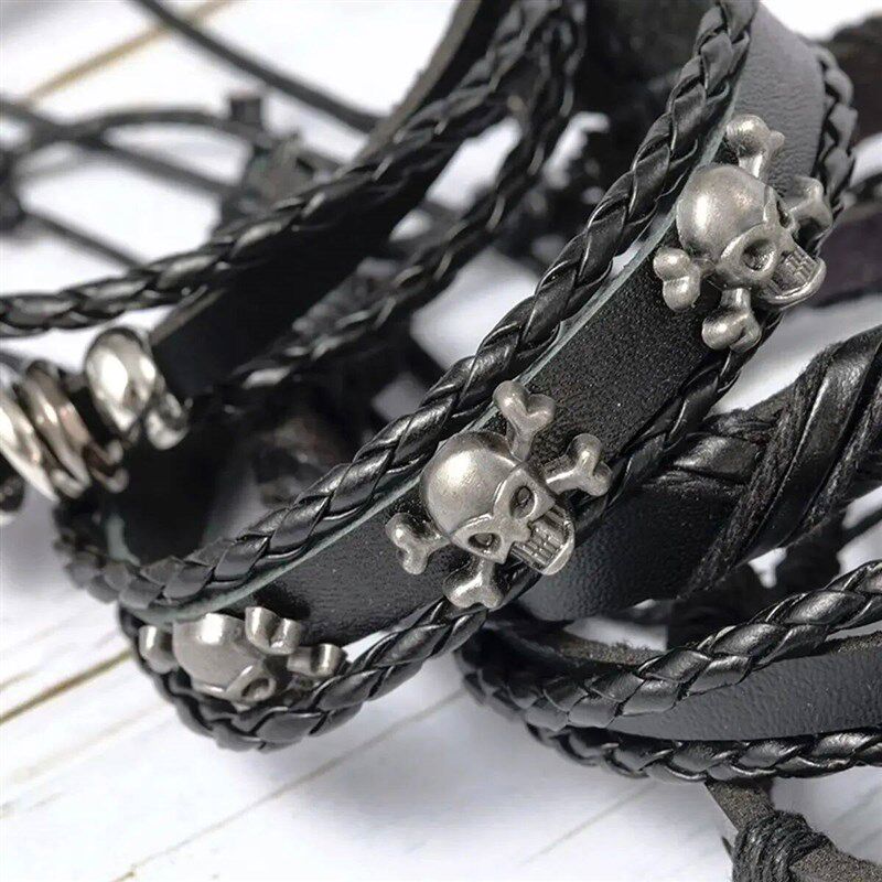 6pcs/Set Black Punk Skull & Star Shaped Alloy & Pu Leather B
