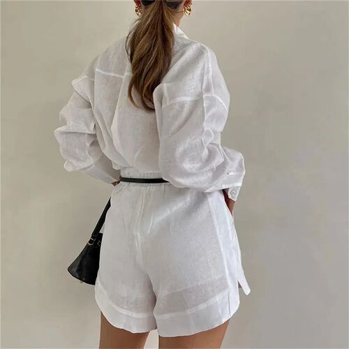 Fashion Cotton Linen Loose Short Shirts Sets Long Sleeve Lap