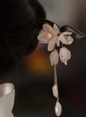 Wooden Hair Sticks Pearl Flower Tassel Hairpin Chinese Hanfu