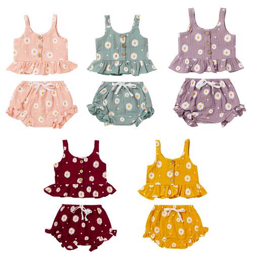 1-5Years Kid Girls Summer Clothing Set  daisy Flower  Button