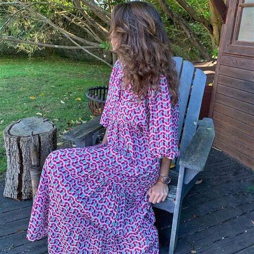Floral Print Maxi Dress Women Bubble Sleeved Loose Fit