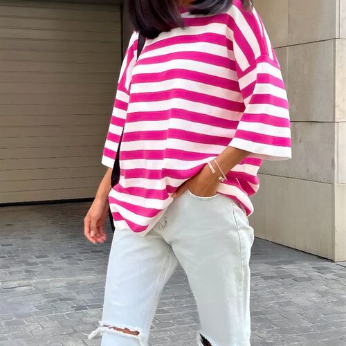 Womens Striped Cotton T-shir with Print Short Sleeve