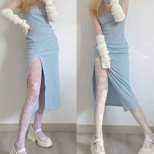 Women Punk Colorful Fishnet Pantyhose Side Crisscross Hole R