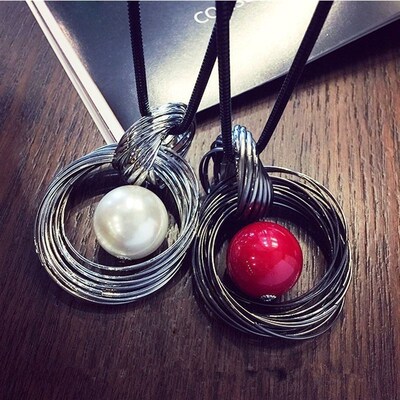 Red White Pearl Ball Pendant Long Necklaces New Circles Simu