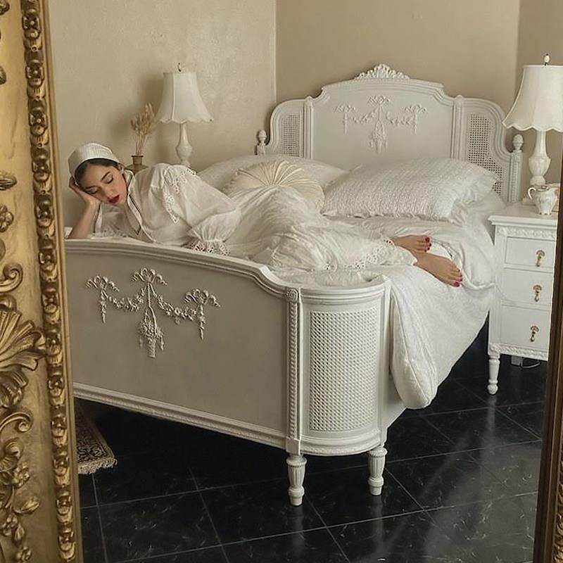 法式实木藤编床奶油白色主卧1.8米双人床欧式奢华宫廷公主床1.5米